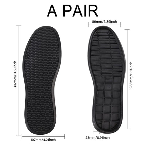 Full Soles Rubber Replacement For Sneakers And DIY Shoes Wear Resistant With Raised Grain Non Slip Pad For Grippy Kicks Black 1 Pair 302x107x23 mm Durable, front and bottom view.
