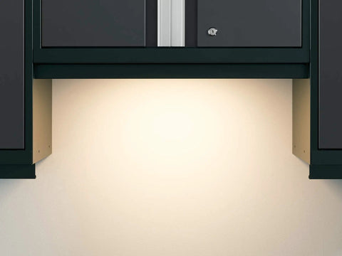 Heavy Duty 15 Piece Garage Cabinet Set Features Fully Welded Steel Shelves under mounted from dark cabinets with lighting