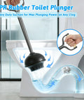 TPR Rubber Toilet Plunger in use with water flow, Heavy Hitter Toilet Brush And Plunger Set Featuring Curved Scour Bristles Gray Two Piece Bathroom Clog Knockout Kit With A Rock Solid Freestanding Storage Stand.