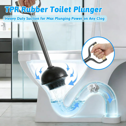 TPR Rubber Toilet Plunger in use with water flow, Heavy Hitter Toilet Brush And Plunger Set Featuring Curved Scour Bristles Gray Two Piece Bathroom Clog Knockout Kit With A Rock Solid Freestanding Storage Stand.