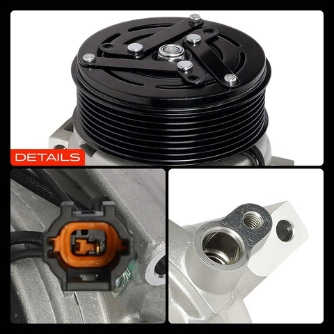 Cr08 AC Compressor With Clutch For Nissan Versa Versa Note Juke 7 Groove Pulley Pag46 OEM Style view of pulley and connectors.