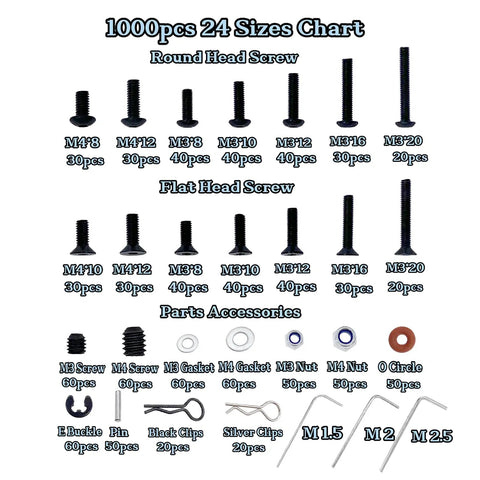 1000 Piece RC Screw Kit With 1000pcs Screws Assortment For Traxxas Axial Redcat HSP SCX10 chart of screw sizes and accessories