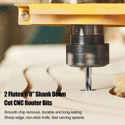 Downcut Spiral Double Flute CNC Router Bit Set One Eighth Inch Shank Tungsten Carbide End Mills cutting wood surface