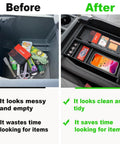 Before and after of center console with organizer insert for 2024 2026 Ford F150, showing improved storage with ABS plastic tray.