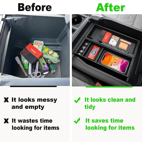 Before and after of center console with organizer insert for 2024 2026 Ford F150, showing improved storage with ABS plastic tray.