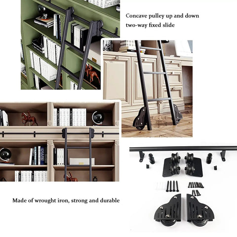 Real Deal 16Ft Sliding Ladder Hardware Kit With Heavy Duty Rails Smooth Rolling Floor Casters Rust Resistant Black Steel Finish detail of pulleys and rails