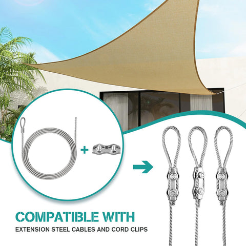 Shade Sail Hardware Kit 52 Piece Set for Outdoor Canopies and Patios showing extension steel cables and cord clips.