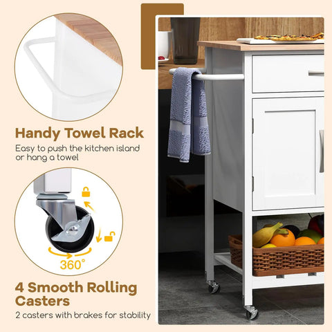 Slick Glide Kitchen Island Cart With Solid Rubberwood Countertop, Heavy Duty Serving Utility Trolley Featuring Nifty Drawer And Open Shelves, Total Game Changer For Any Modern Home Setup