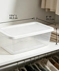 Top Tier Clear Plastic Storage Containers With Tight Snap On Lids Set Of Ten Real Deal Organizers For Home Closets Kitchen Pantry And Garage Must Haves on a shelf, clear design with white lid, 13.5" L x 8" W x 4.5" H.