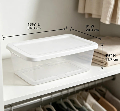 Top Tier Clear Plastic Storage Containers With Tight Snap On Lids Set Of Ten Real Deal Organizers For Home Closets Kitchen Pantry And Garage Must Haves on a shelf, clear design with white lid, 13.5" L x 8" W x 4.5" H.