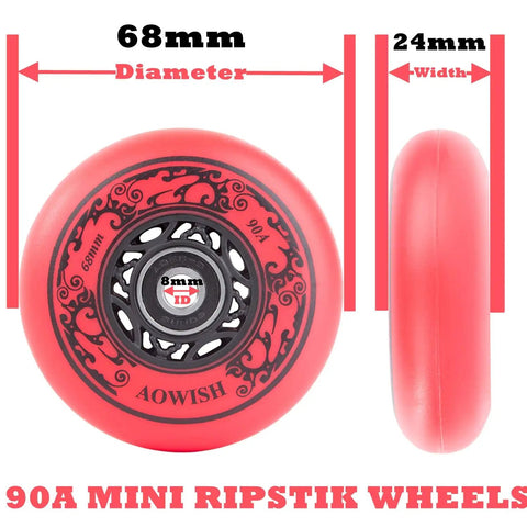 Front and side view of 68mm 90A Ripster Wheels with ABEC 9 bearings for Mini Ripstik Ripstick Mini 2-Wheeled Caster Board, red design
