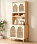 Wood cabinet with rattan doors, equipped with appliances, standing on six inch wood furniture feet, mid-century modern design.