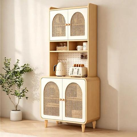 Wood cabinet with rattan doors, equipped with appliances, standing on six inch wood furniture feet, mid-century modern design.