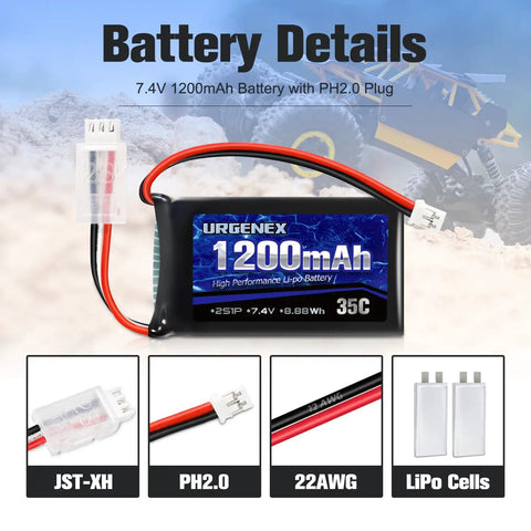 2S 7.4V 1200mAh LiPo RC Battery With PH2.0 Plug 35C Sustained 70C Burst displayed with JST-XH and PH2.0 connectors