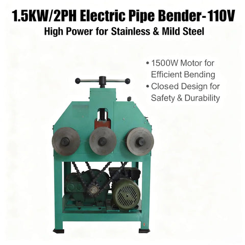 Intbuying Electric Pipe Tube Bender Roller Machine With 1.5Kw Power For Stainless Steel And Mild Steel Bending, front view, heavy-duty construction.