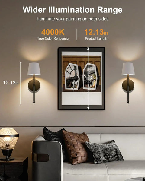 FRIDEKO HOME Black Battery Operated Wall Sconces Set of 2 Small, 12.2in. illuminating artwork in modern living room setting.