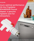 Faucet Adapter For Dishwashers 5304483509 White, Easy Install Plumbing Connector next to modern kitchen dishwasher.