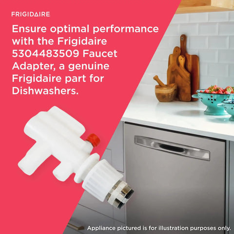 Faucet Adapter For Dishwashers 5304483509 White, Easy Install Plumbing Connector next to modern kitchen dishwasher.