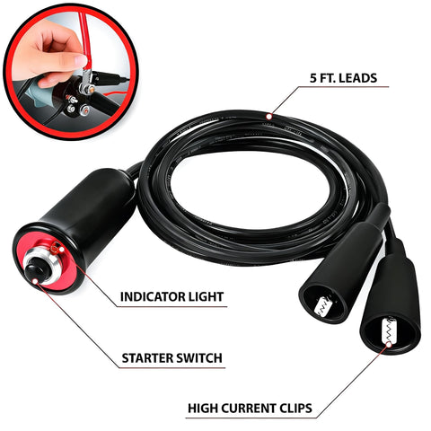 All In One Engine Diagnostic Kit With Heavy Duty Remote Starter Switch showing coiled 5 ft leads, starter switch, and clips.