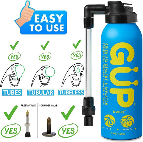 Quick Fix Tire Sealant And Inflator 2 Pack For Tubeless And Tubed Tires with adapters for Schrader and Presta valves.