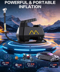 Portable Tire Inflator Air Pump for Cars Trucks SUVs Motorcycles and Bicycles with 12V DC Power in a scenic outdoor setting
