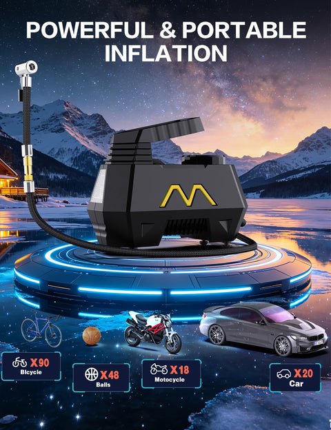 Portable Tire Inflator Air Pump for Cars Trucks SUVs Motorcycles and Bicycles with 12V DC Power in a scenic outdoor setting