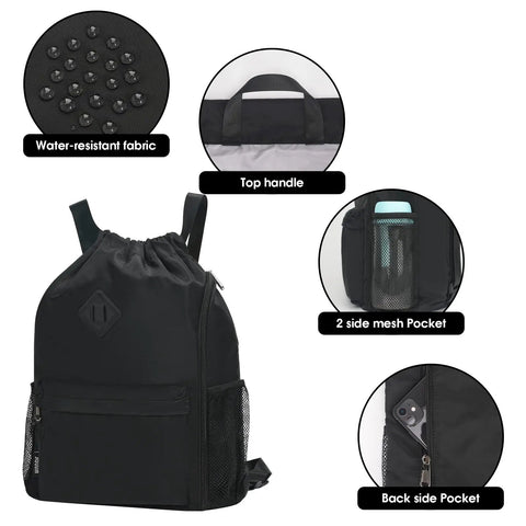 Drawstring Gym Backpack With Separate Sneaker Compartment, showing water-resistant fabric, top handle, side mesh pocket, and back pocket.