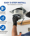 Installing Qt80 Series Bathroom Fan Motor Replacement Compatible With 0695B000 in ceiling vent, quick and easy 3-step process