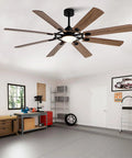 Large Ceiling Fan with Light in a workshop, featuring wood blades and a black base, providing efficient airflow and illumination.