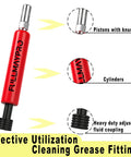 All In One Zerk Fitting Cleaner Tool with pistons, cylinders, and fluid coupling details