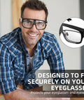 Man wearing Shade5 Welding Goggles OTG Over Glasses With UV Block Swap Lenses, 1.5 Pack for eye protection over regular eyewear.