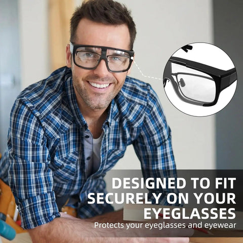 Man wearing Shade5 Welding Goggles OTG Over Glasses With UV Block Swap Lenses, 1.5 Pack for eye protection over regular eyewear.