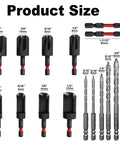 Kickass 16 Piece Wood Plug Cutter Drill Bit Set Featuring Straight And Tapered Heads Plus Masonry Bits And Screwdriver Tips inside a slick carry case showing product sizes.