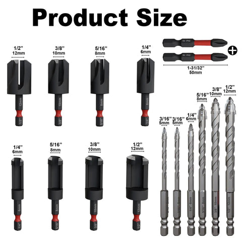 Kickass 16 Piece Wood Plug Cutter Drill Bit Set Featuring Straight And Tapered Heads Plus Masonry Bits And Screwdriver Tips inside a slick carry case showing product sizes.