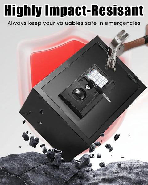 Home Fireproof Safe With Alarm System For 1700 F Protection Up To 35 Minutes showing impact resistance with hammer.