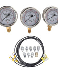 Heavy Duty Excavator Pressure Tester Kit With Easy Install Flexible Tube And Eight Couplings For High Accuracy Pump Testing In Hydraulic Systems, three gauges