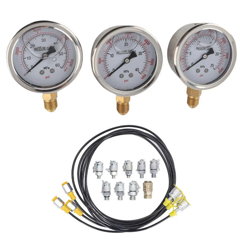Heavy Duty Excavator Pressure Tester Kit With Easy Install Flexible Tube And Eight Couplings For High Accuracy Pump Testing In Hydraulic Systems, three gauges