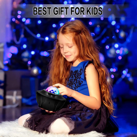 Girl holding Stellar Sky Projector 3 In 1 Nebula Moon And Star Light With Music Bluetooth Speaker RGB Color Changing Remote