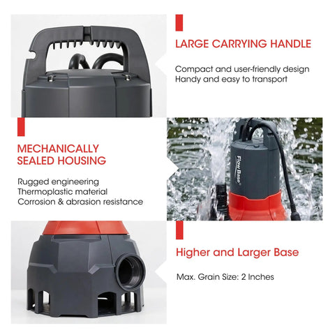Heavy Duty Submersible Utility Sump Pump Delivers Knockout Water Flow showing large handle and thermoplastic housing design.