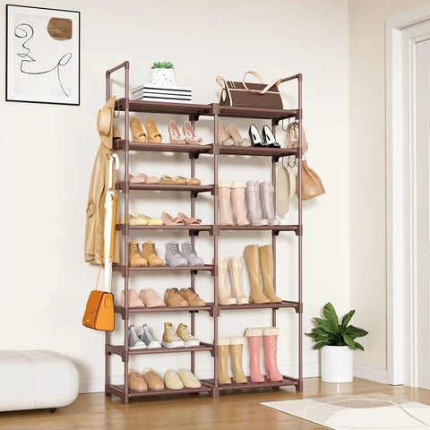 Boss 8 Tier Shoe Rack Organizer For Closet Entryway And Garage Brown Holds 26 To 32 Pairs Of Shoes And Boots With 15 Hooks