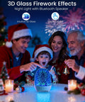 Family enjoying Night Light Bluetooth Speaker with 3D Glass Fireworks Lamp, touch control, and seven colors, festive setting.