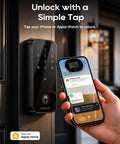 Premium Smart WiFi Door Lock Featuring Slick Fingerprint Keypad And Apple Home Key Compatibility For Smooth iPhone Unlocks, close-up view with phone.  