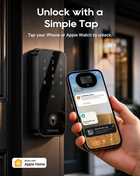 Premium Smart WiFi Door Lock Featuring Slick Fingerprint Keypad And Apple Home Key Compatibility For Smooth iPhone Unlocks, close-up view with phone.  