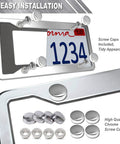 Close-up of Heavy Duty Stainless Steel License Plate Frames With Mirror Polished Silver Finish Car Tag Covers Front And Rear 4 Hole 2 Pack Chrome Screw Caps shown with screw caps and tire valve caps