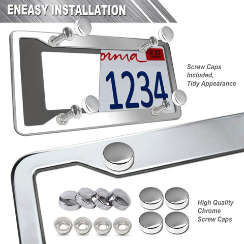 Close-up of Heavy Duty Stainless Steel License Plate Frames With Mirror Polished Silver Finish Car Tag Covers Front And Rear 4 Hole 2 Pack Chrome Screw Caps shown with screw caps and tire valve caps