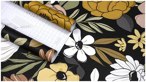 Black Vintage Floral Peel And Stick Wallpaper With Daisy Flowers And Olive Green Leaves For Powder Rooms And Moody Accent Walls Removable Vinyl Contact Paper 17.7in By 32.8ft close-up view