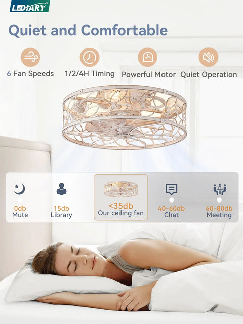 Total Game Changer Caged Ceiling Fan With Bright Light And Remote, Flush Mount Fandelier with 6 fan speeds above sleeping woman.