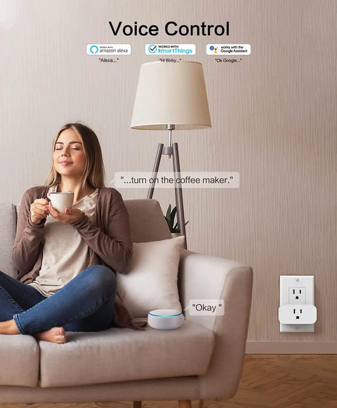 4 Pack WiFi Smart Plugs That Play Nice With Alexa And Google Home shown with user on sofa, coffee maker activation by voice.