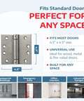 Built Tough Heavy Duty Satin Steel Door Hinges 4.5 Inch self closing hinge for standard doors, 4.5" x 4.5" size, universal use.