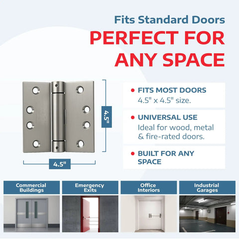 Built Tough Heavy Duty Satin Steel Door Hinges 4.5 Inch self closing hinge for standard doors, 4.5" x 4.5" size, universal use.